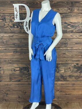 Zero + Maria Cornejo Sleeveless V-Neck Tie-Waist Jumpsuit Satin Royal Blue Vogue